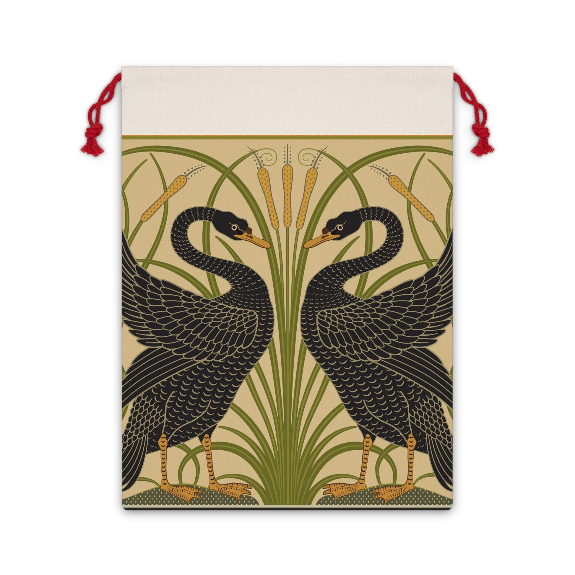Decorative artwork on a santa sack of two black swans with green reeds and yellow flowers on a beige background.
