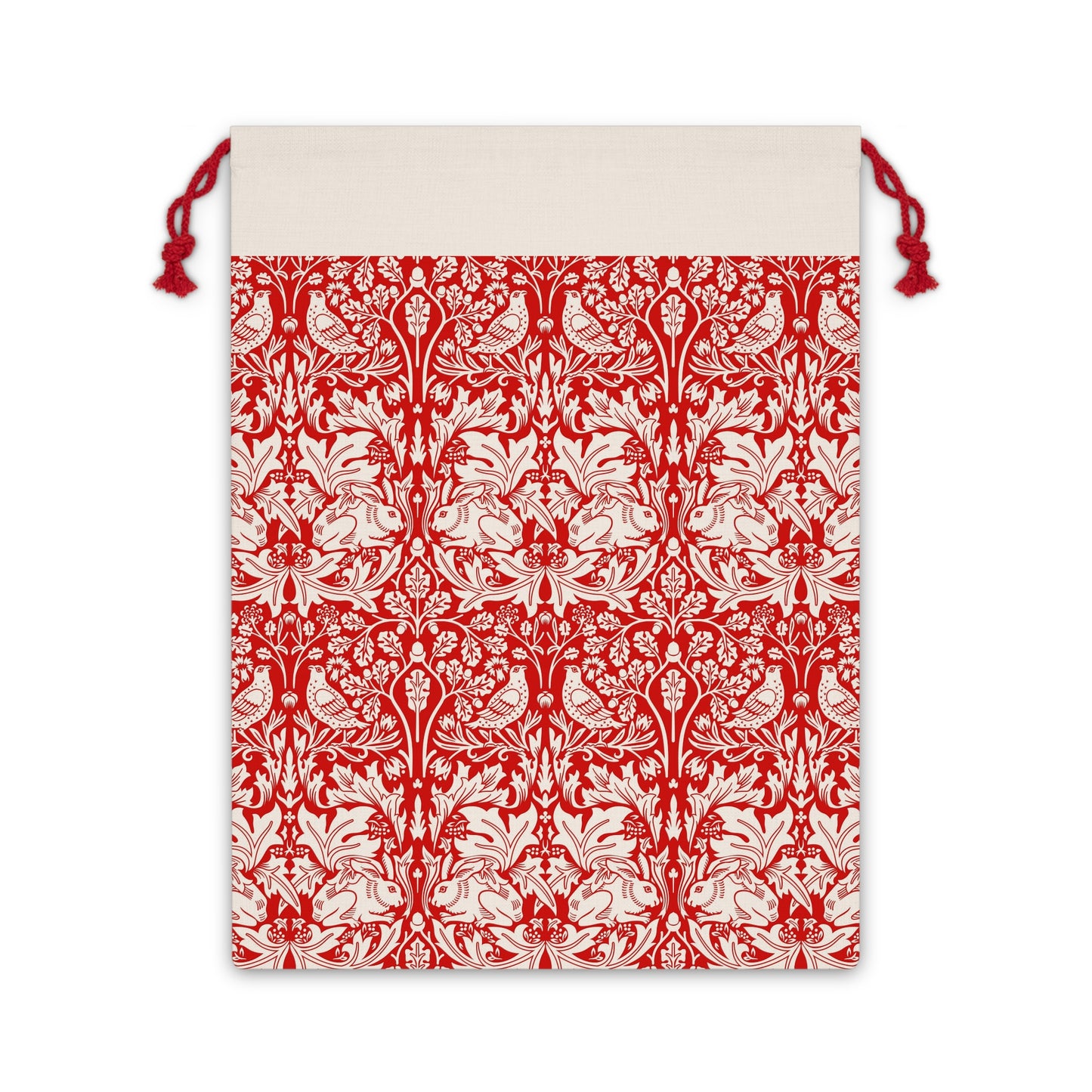 Christmas linen drawstring bag with red and white floral William Morris & Co pattern on a beige background