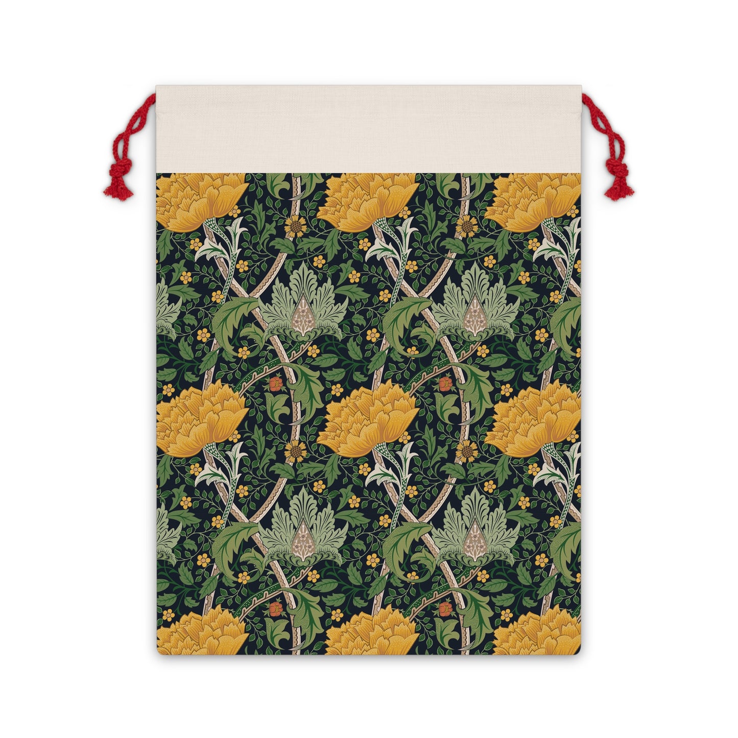 A rectangular Christmas-themed linen drawstring bag with a floral pattern primarily in yellow, green, and red colours, and a red drawstring at the top.