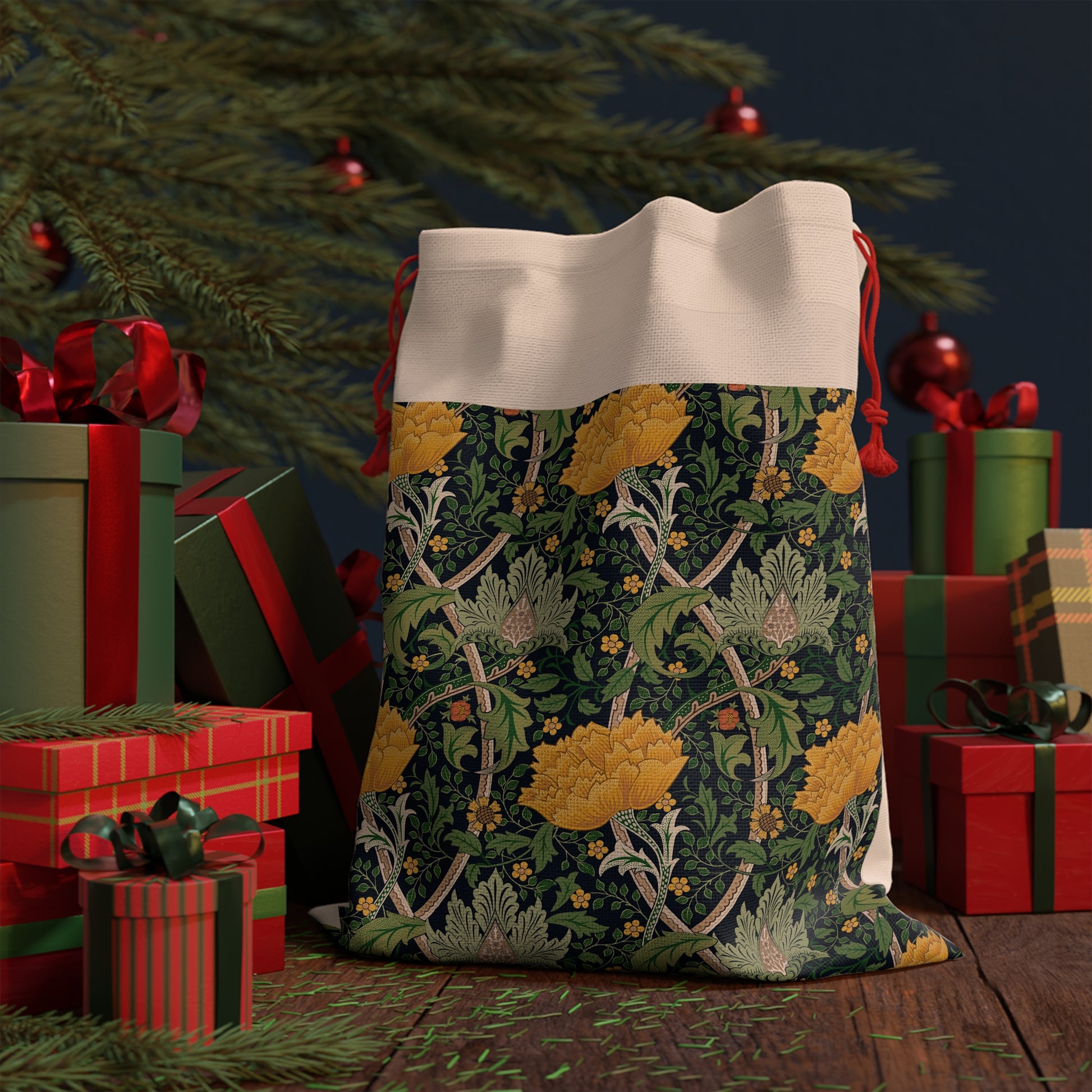 A rectangular Christmas-themed linen drawstring bag with a floral pattern primarily in yellow, green, and red colours, and a red drawstring at the top.
