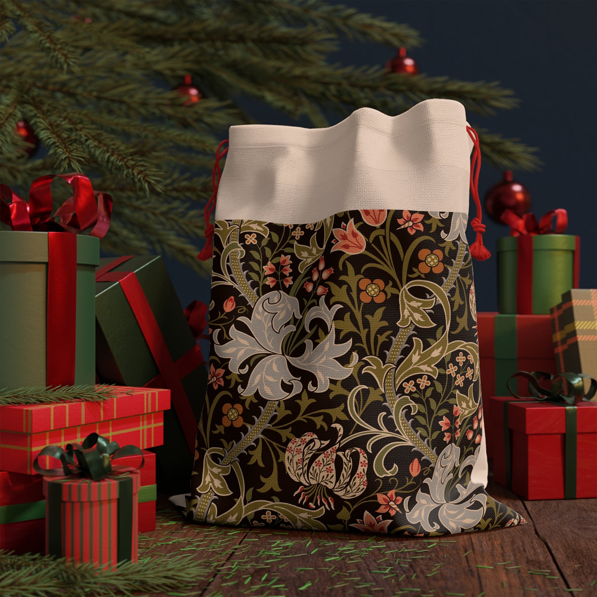 Christmas Santa Sack under a Christmas Tree inspired by William Morris & Co  in a Golden Lily Collection (Midnight)