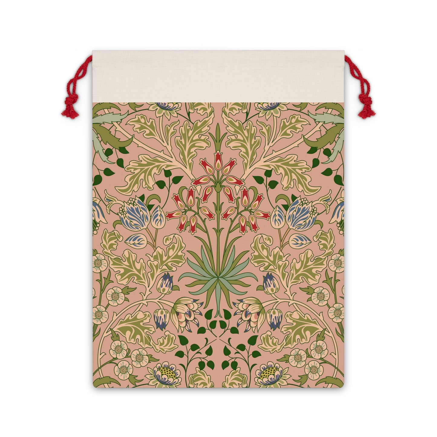 A rectangular Christmas Santa Sack with a floral pattern inspired by William Morris, in colors pink, green, and red, with a white top and red drawstrings.