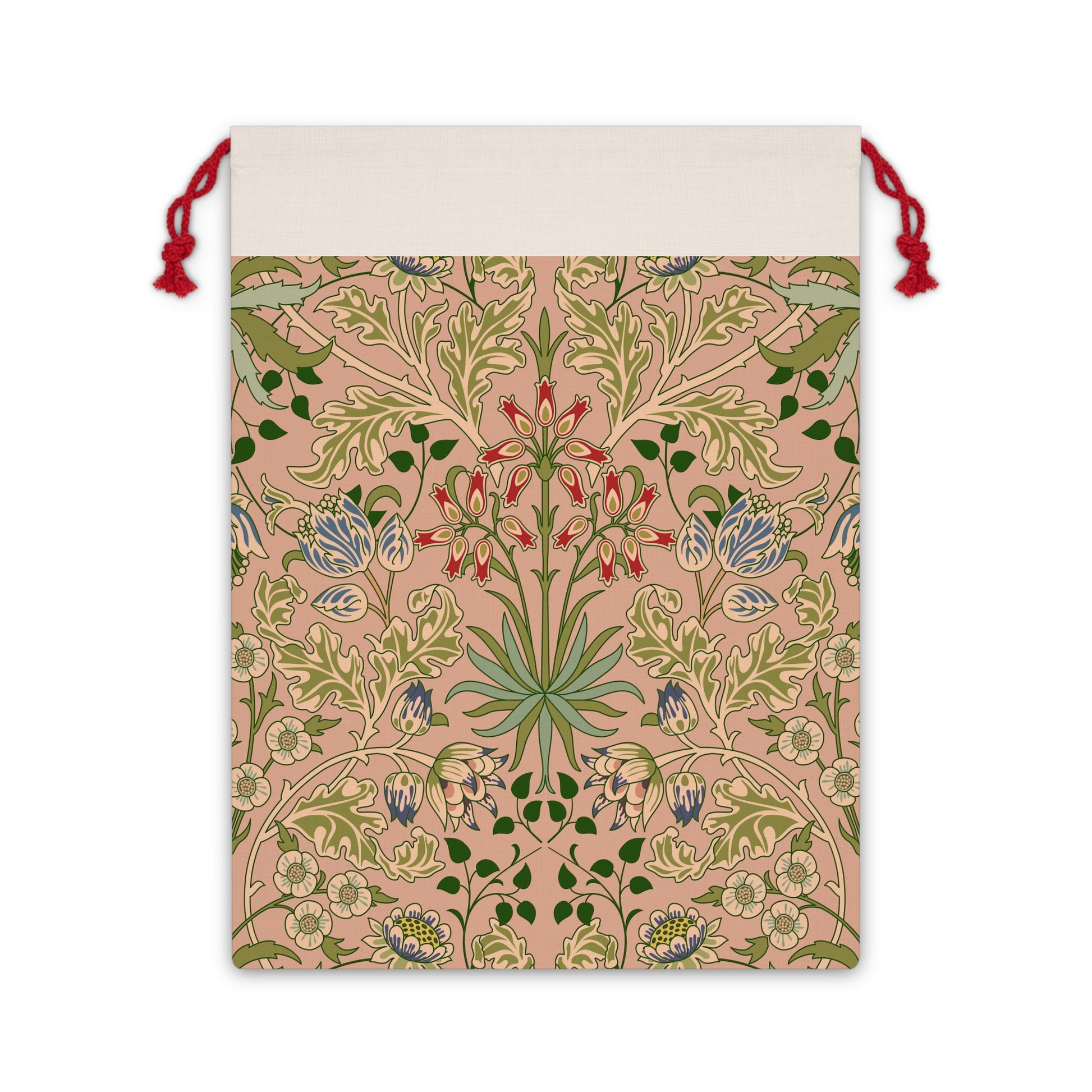 A rectangular Christmas Santa Sack with a floral pattern inspired by William Morris, in colors pink, green, and red, with a white top and red drawstrings.