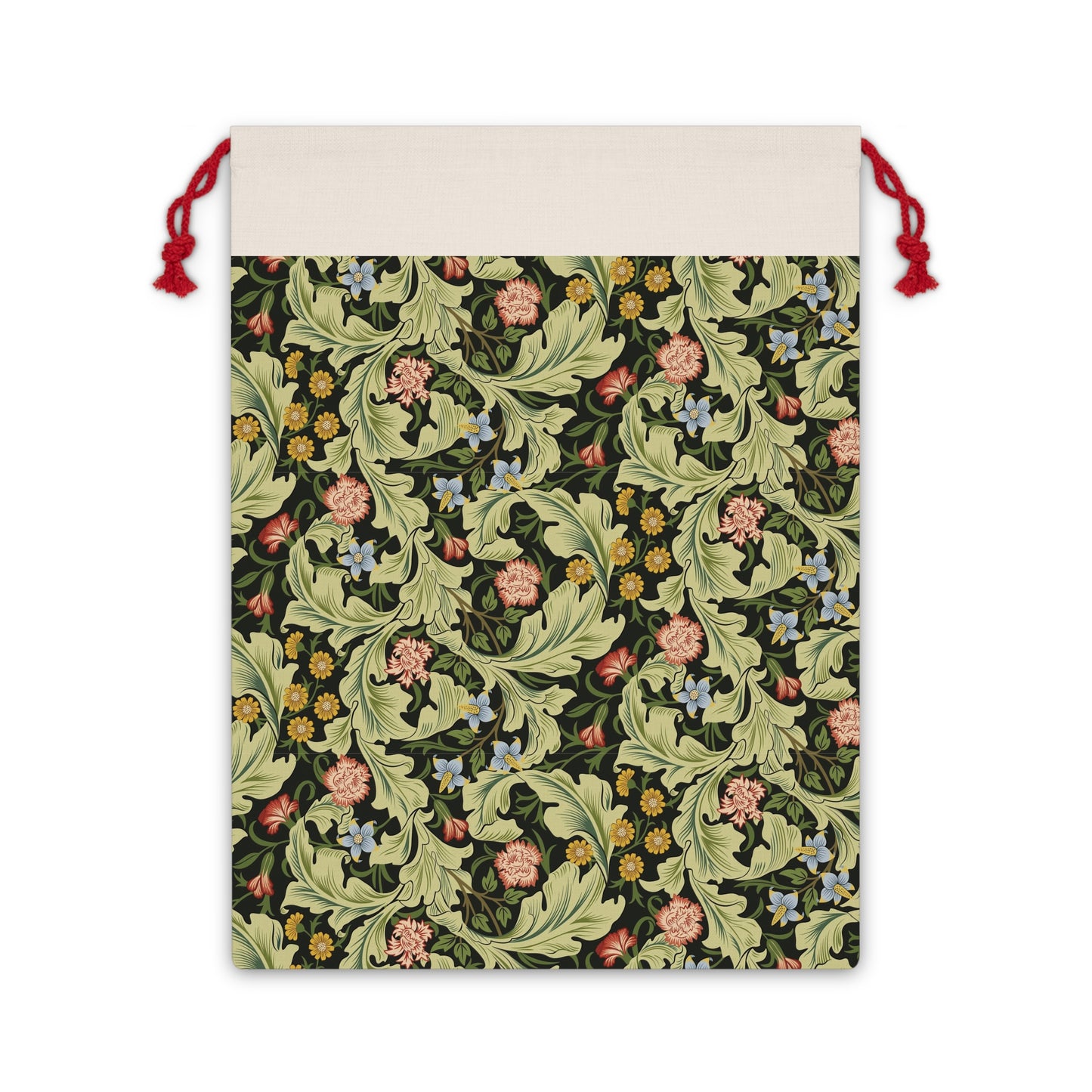 A beige linen drawstring gift bag with a vintage floral pattern inspired by William Morris design, featuring a red drawstring at the top.
