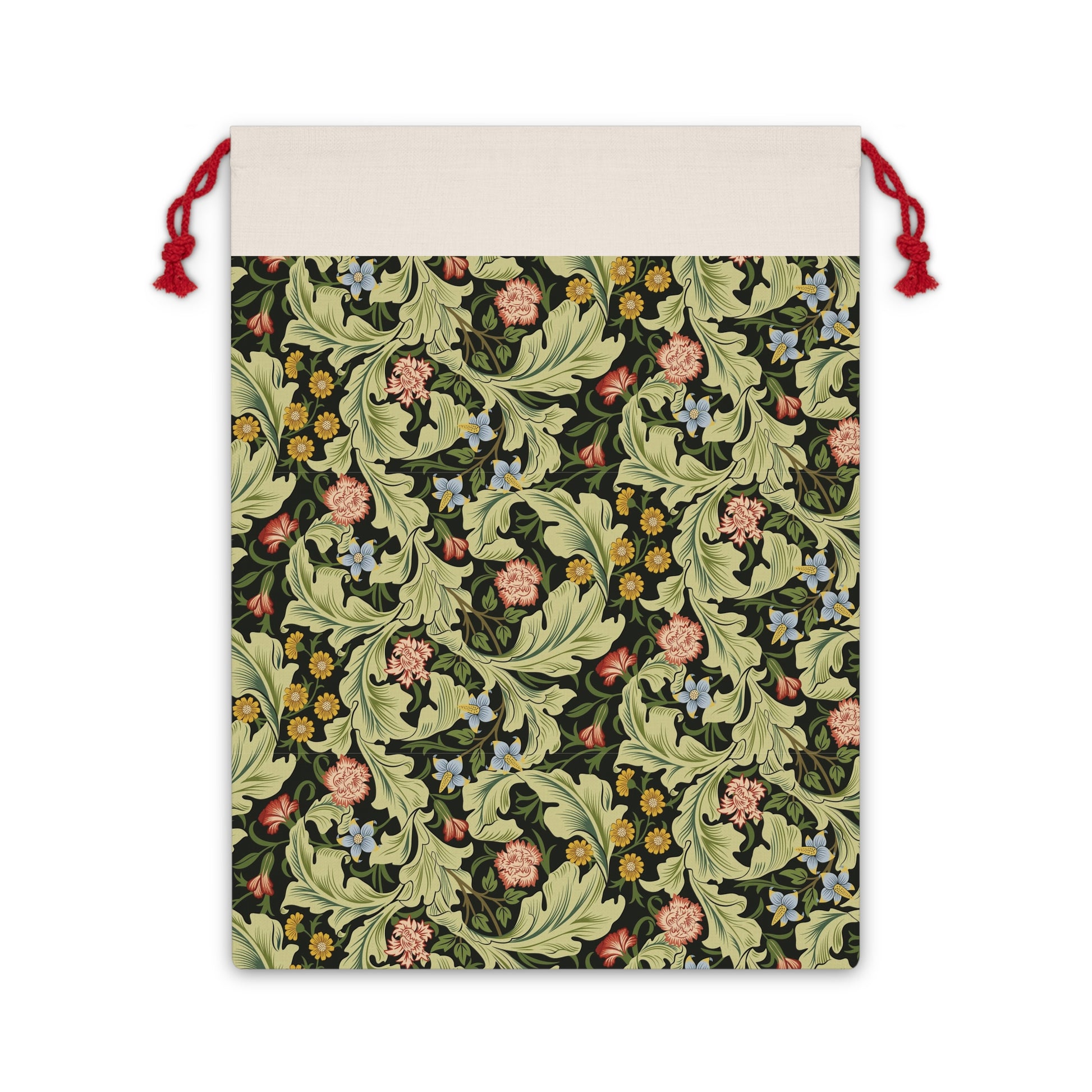 A beige linen drawstring gift bag with a vintage floral pattern inspired by William Morris design, featuring a red drawstring at the top.