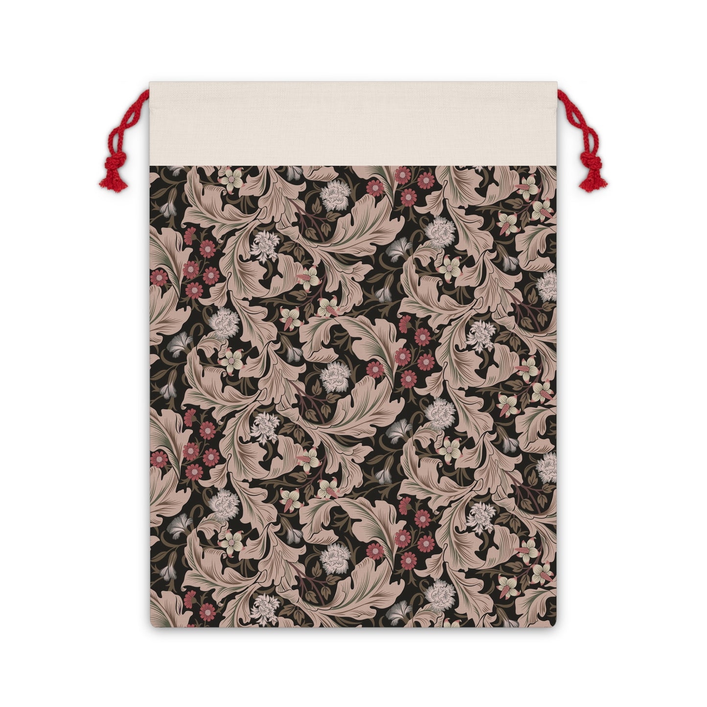 A rectangular Christmas-themed linen drawstring bag with a floral pattern in a mocha colour, inspired by the William Morris design.