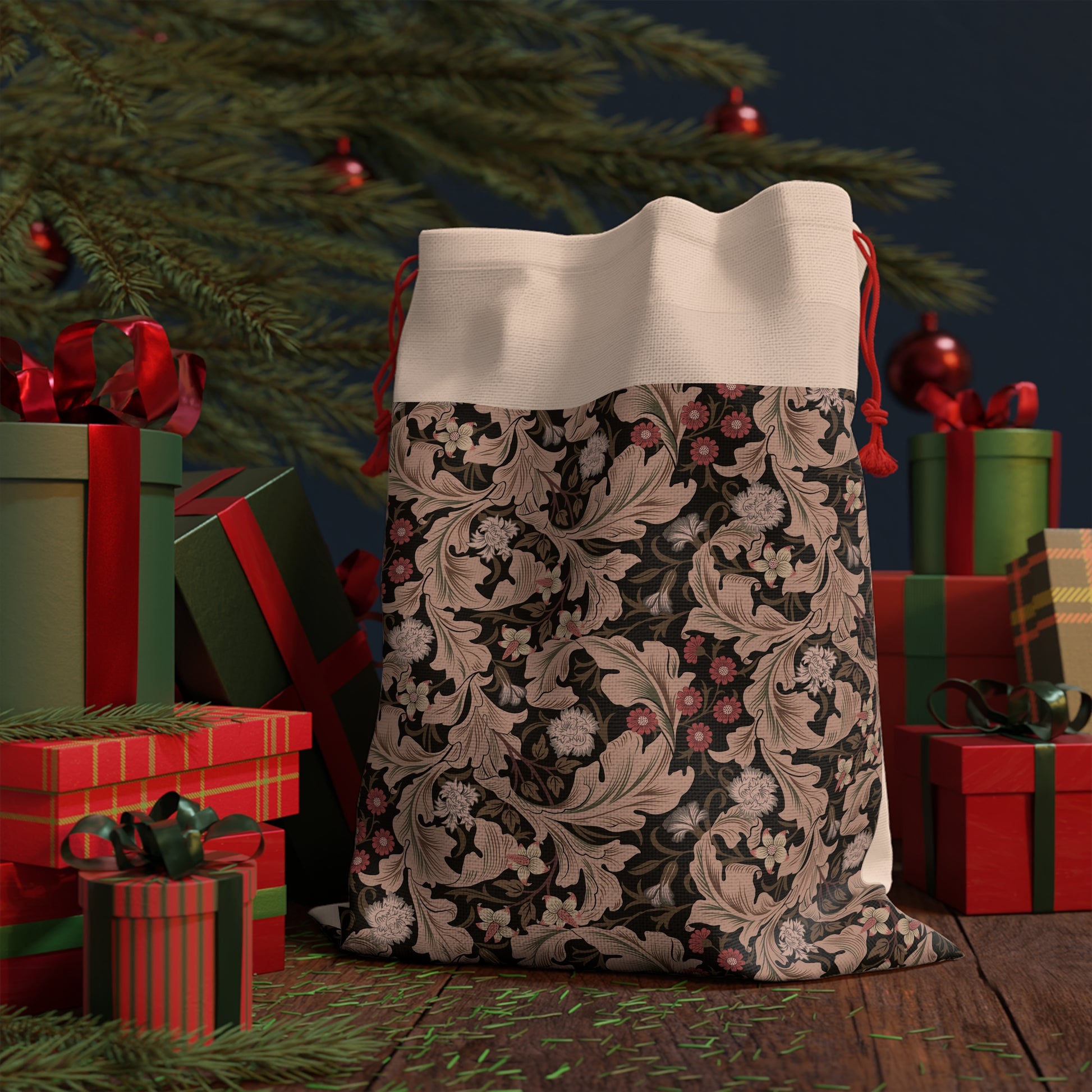 A rectangular Christmas-themed linen drawstring bag with a floral pattern in a mocha colour, inspired by the William Morris design.