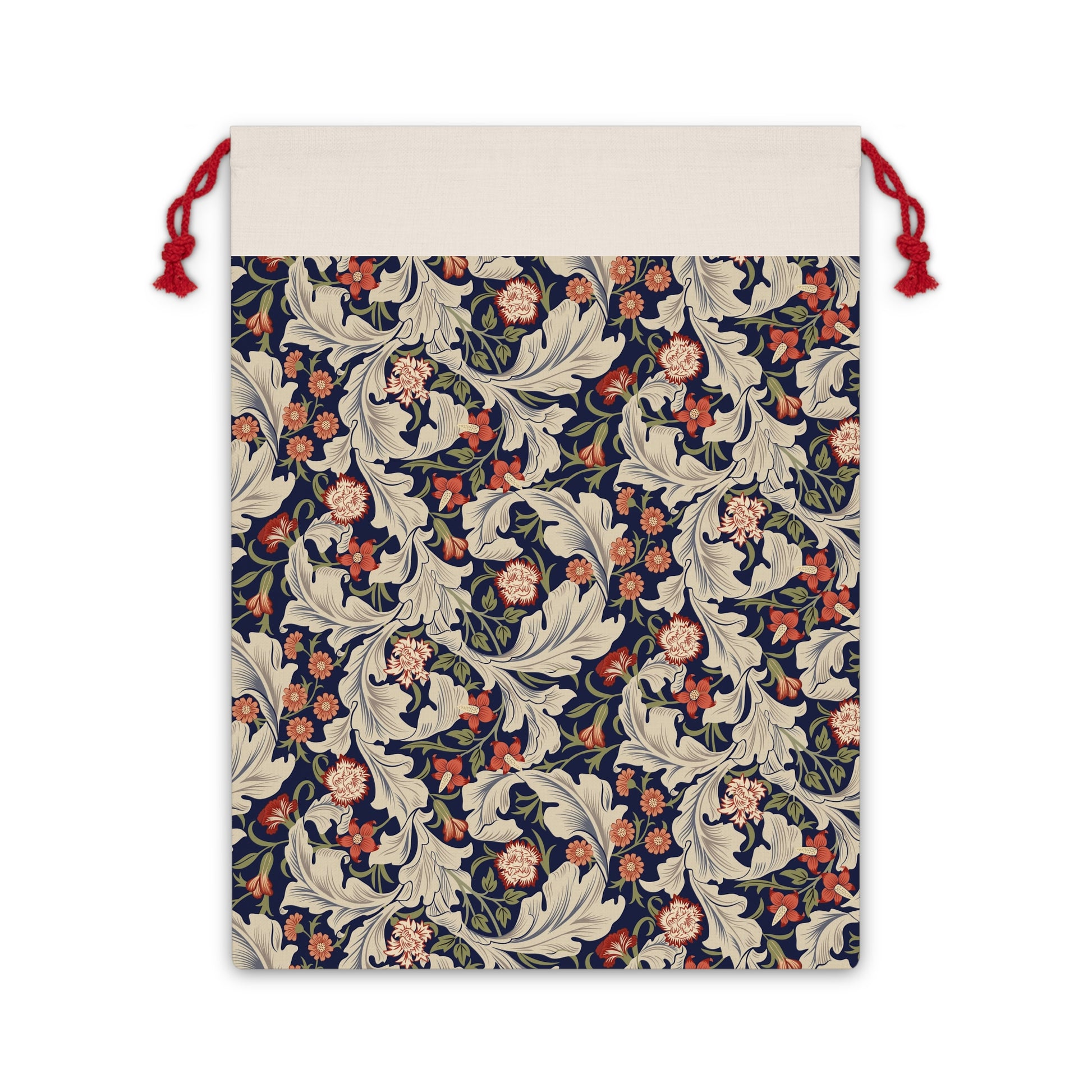A rectangular Christmas-themed linen drawstring bag with a floral pattern, primarily in red and green colours, and a red drawstring at the top.