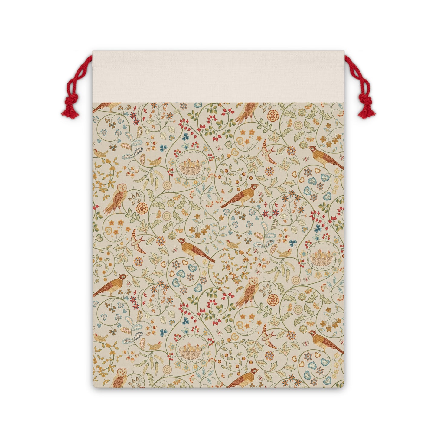 Drawstring bag with decorative pattern featuring birds and flowers on a white background