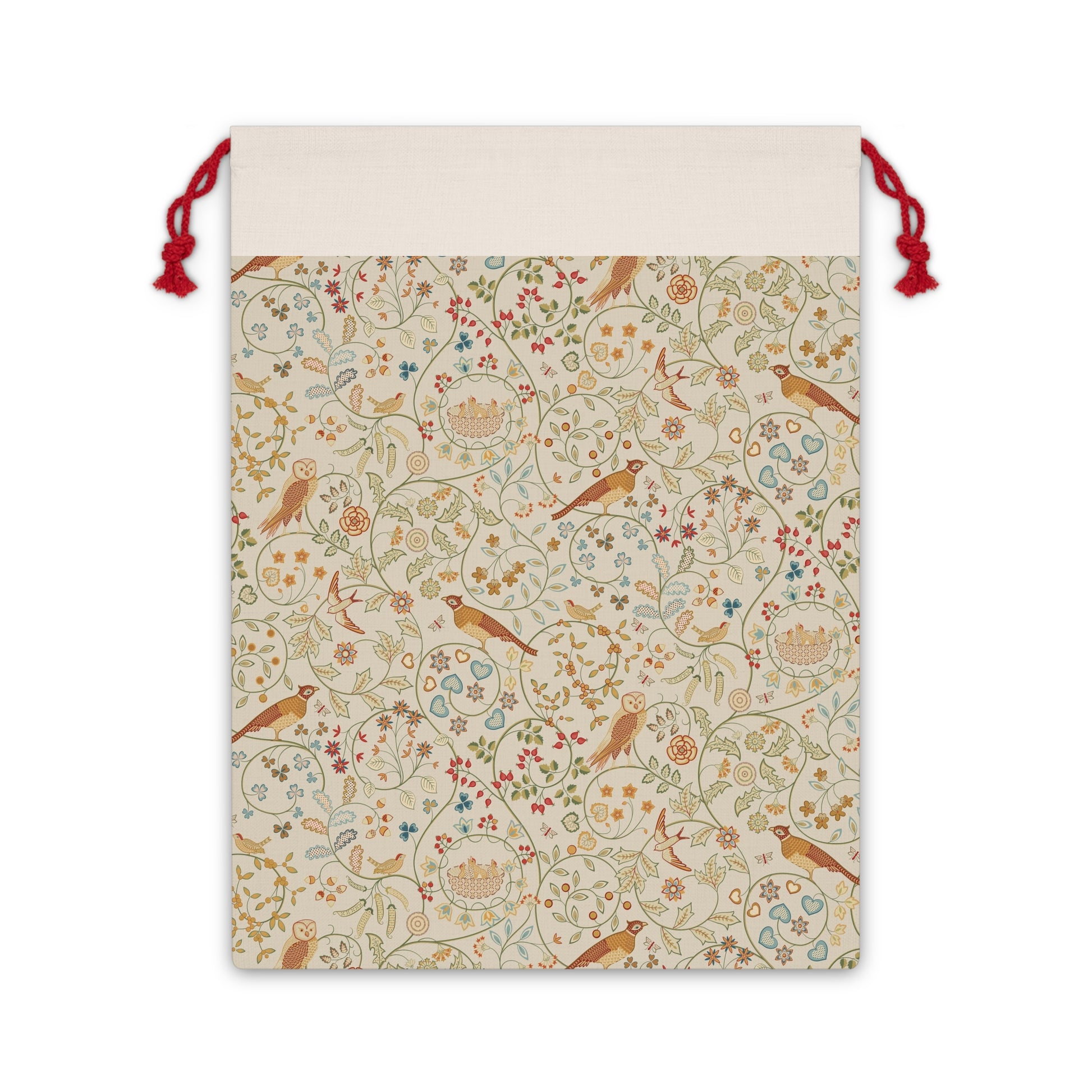 Drawstring bag with decorative pattern featuring birds and flowers on a white background