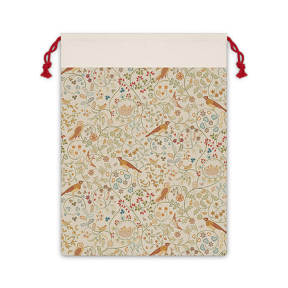 Drawstring bag with decorative pattern featuring birds and flowers on a white background