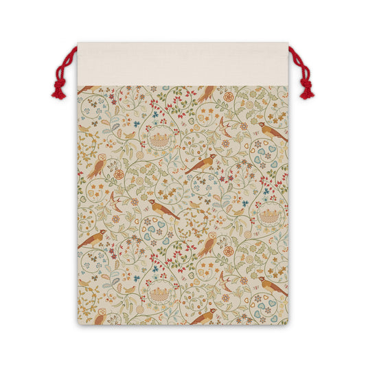 Drawstring bag with decorative pattern featuring birds and flowers on a white background