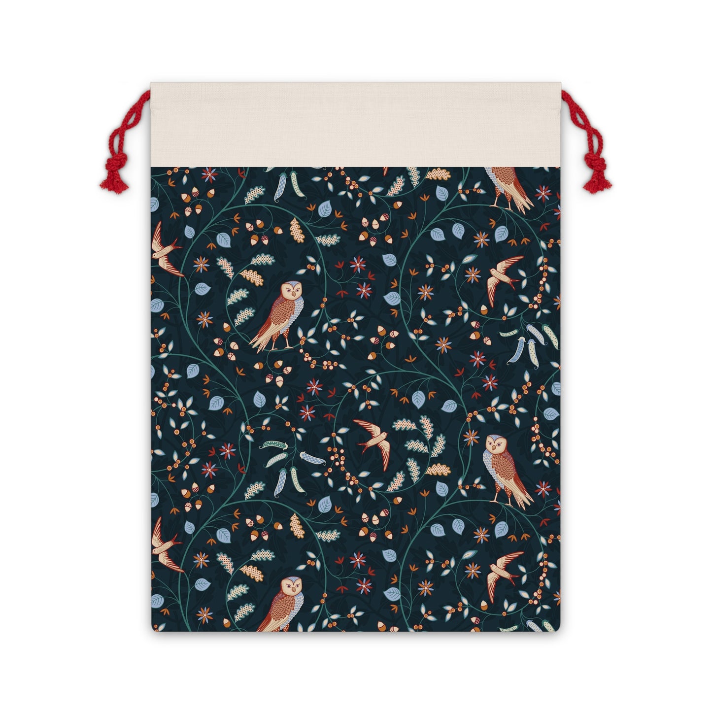 Drawstring bag with owl and floral pattern on a dark blue background