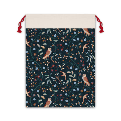 Drawstring bag with owl and floral pattern on a dark blue background