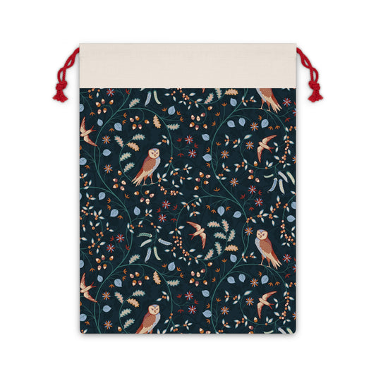 Drawstring bag with owl and floral pattern on a dark blue background