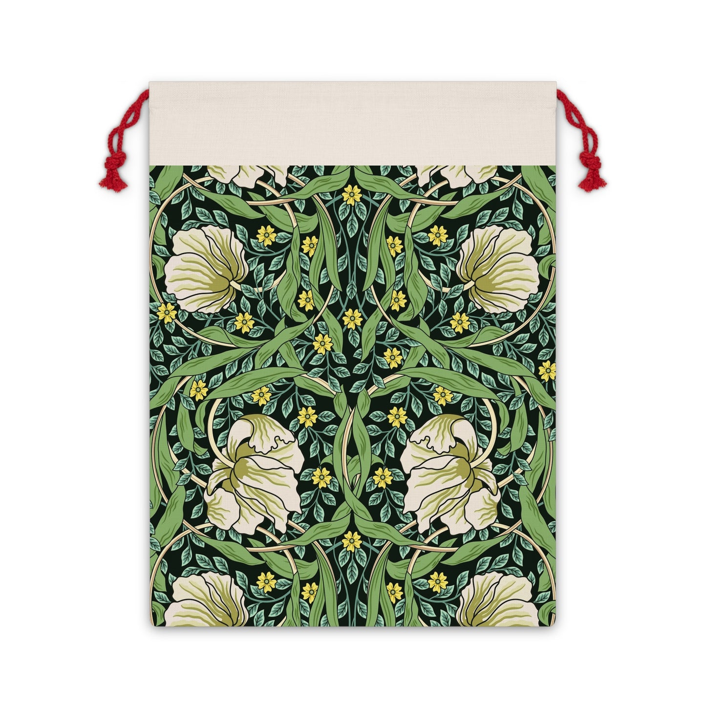 A rectangular Christmas Santa sack with a floral pattern inspired by William Morris - Pimpernel Collection in green, beige, and red colours with a red drawstring at the top.