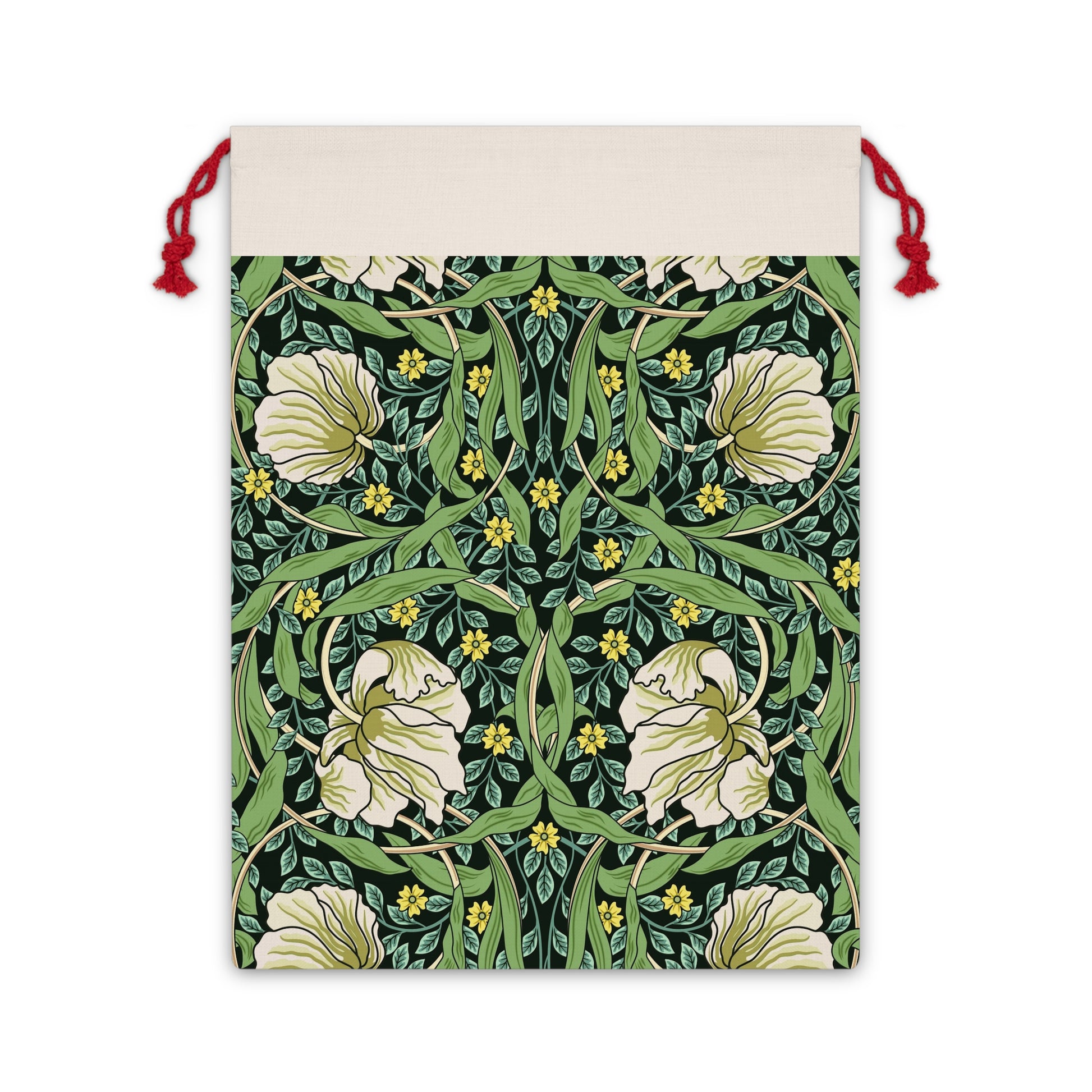 A rectangular Christmas Santa sack with a floral pattern inspired by William Morris - Pimpernel Collection in green, beige, and red colours with a red drawstring at the top.