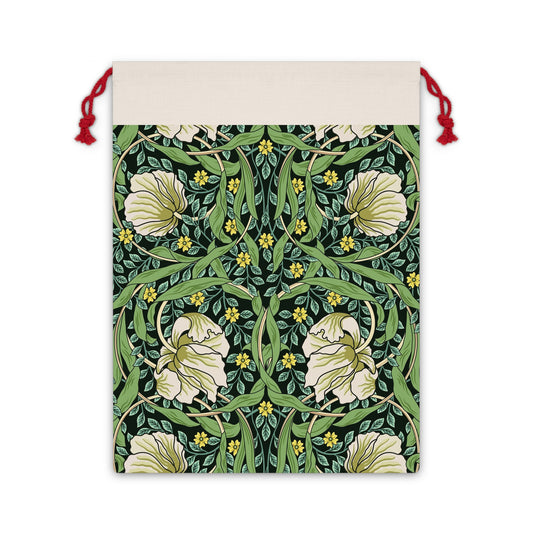 A rectangular Christmas Santa sack with a floral pattern inspired by William Morris - Pimpernel Collection in green, beige, and red colours with a red drawstring at the top.