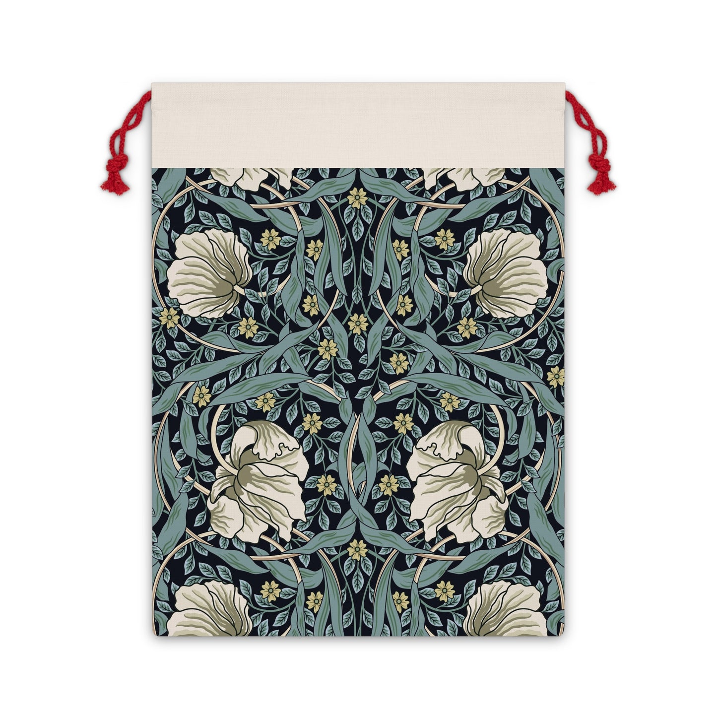 A rectangular Christmas-themed linen drawstring bag with a floral pattern inspired by William Morris's design, in a slate colour.
