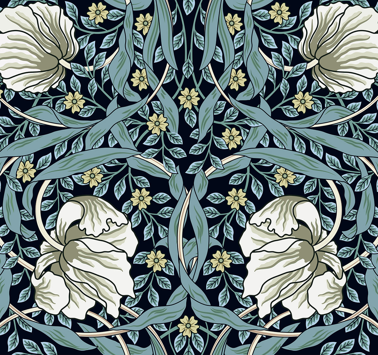 A rectangular Christmas-themed linen drawstring bag with a floral pattern inspired by William Morris's design, in a slate colour.