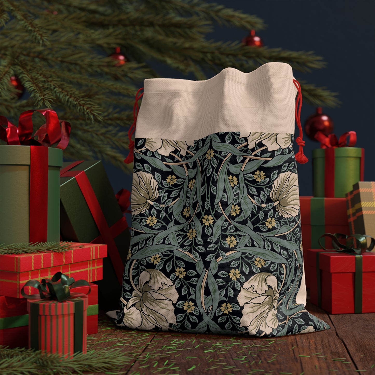 A rectangular Christmas-themed linen drawstring bag with a floral pattern inspired by William Morris's design, in a slate colour.