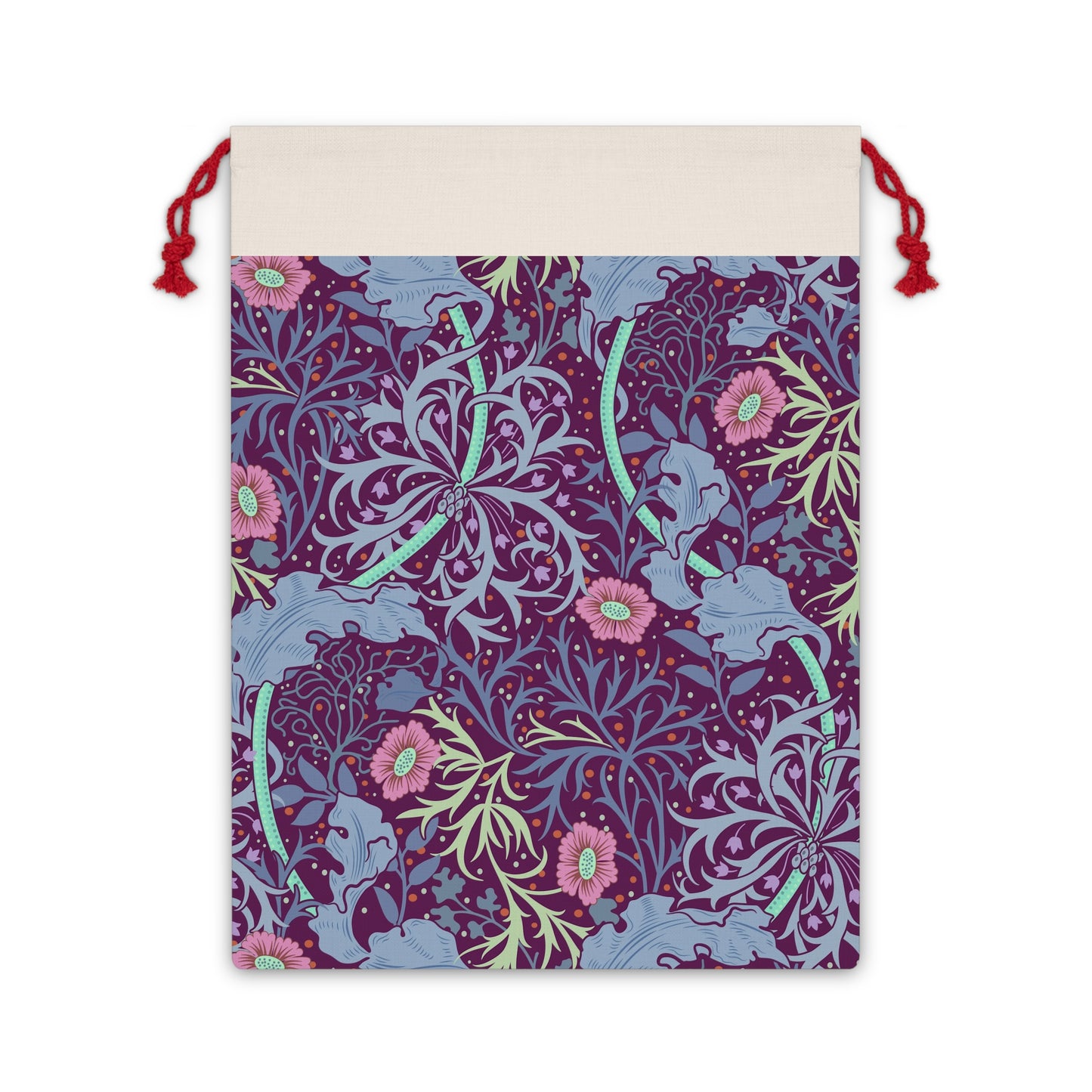 A rectangular Christmas-themed linen drawstring bag with a floral William Morris & Co pattern in pink and green on a beige background, and a red drawstring at the top.