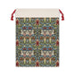 A beige linen gift bag with a floral pattern inspired by William Morris designs, featuring a red drawstring at the top.