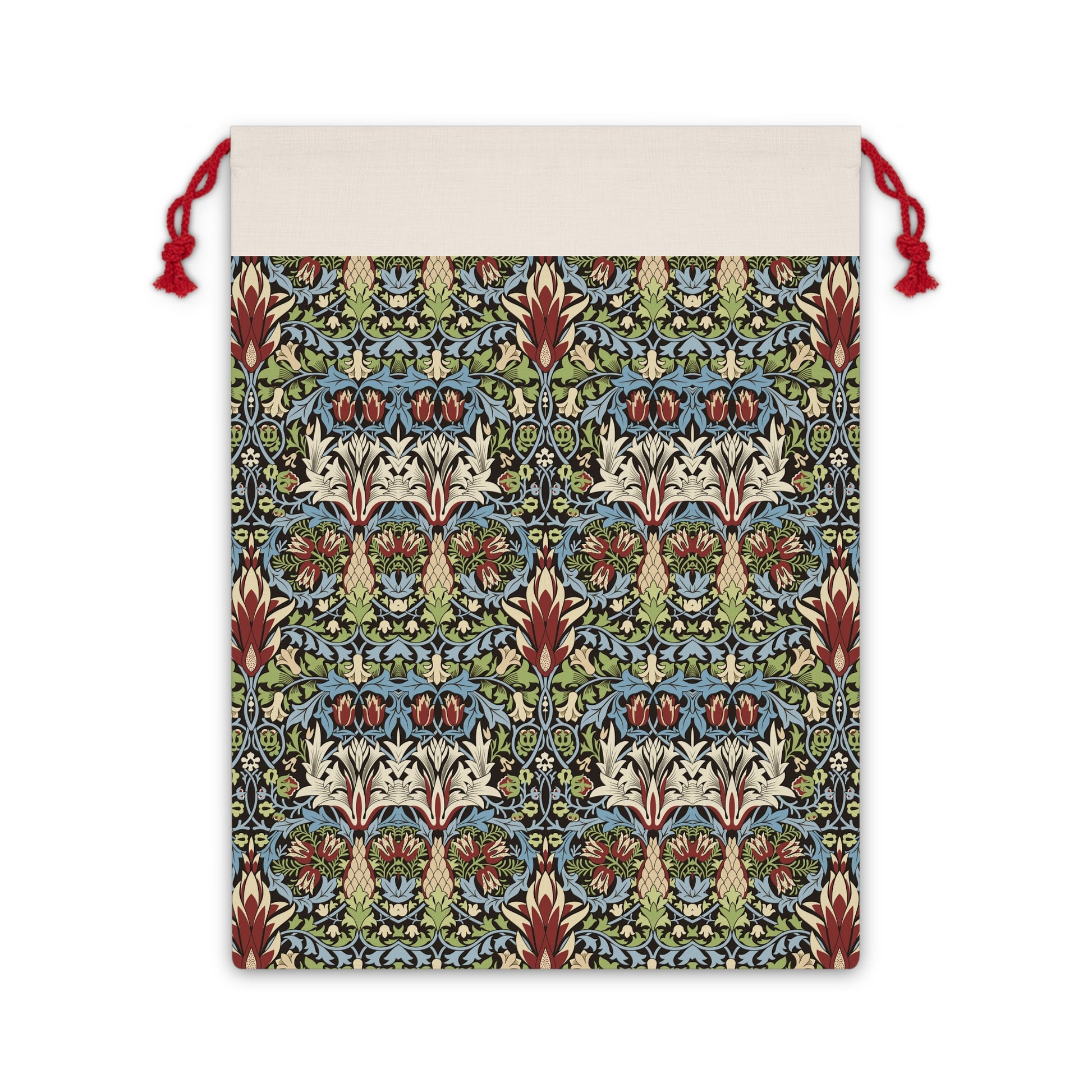 A beige linen gift bag with a floral pattern inspired by William Morris designs, featuring a red drawstring at the top.