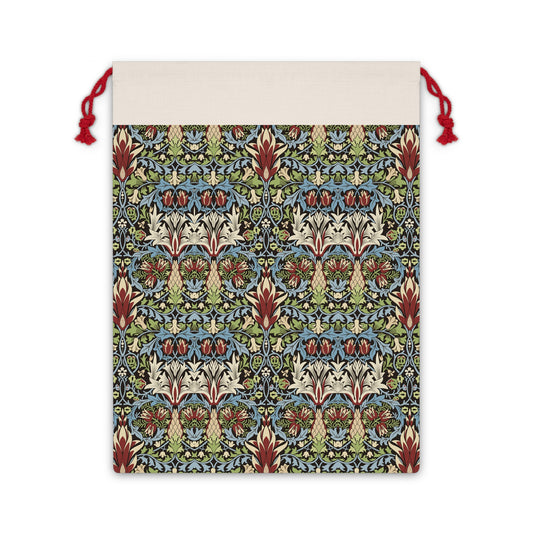 A beige linen gift bag with a floral pattern inspired by William Morris designs, featuring a red drawstring at the top.