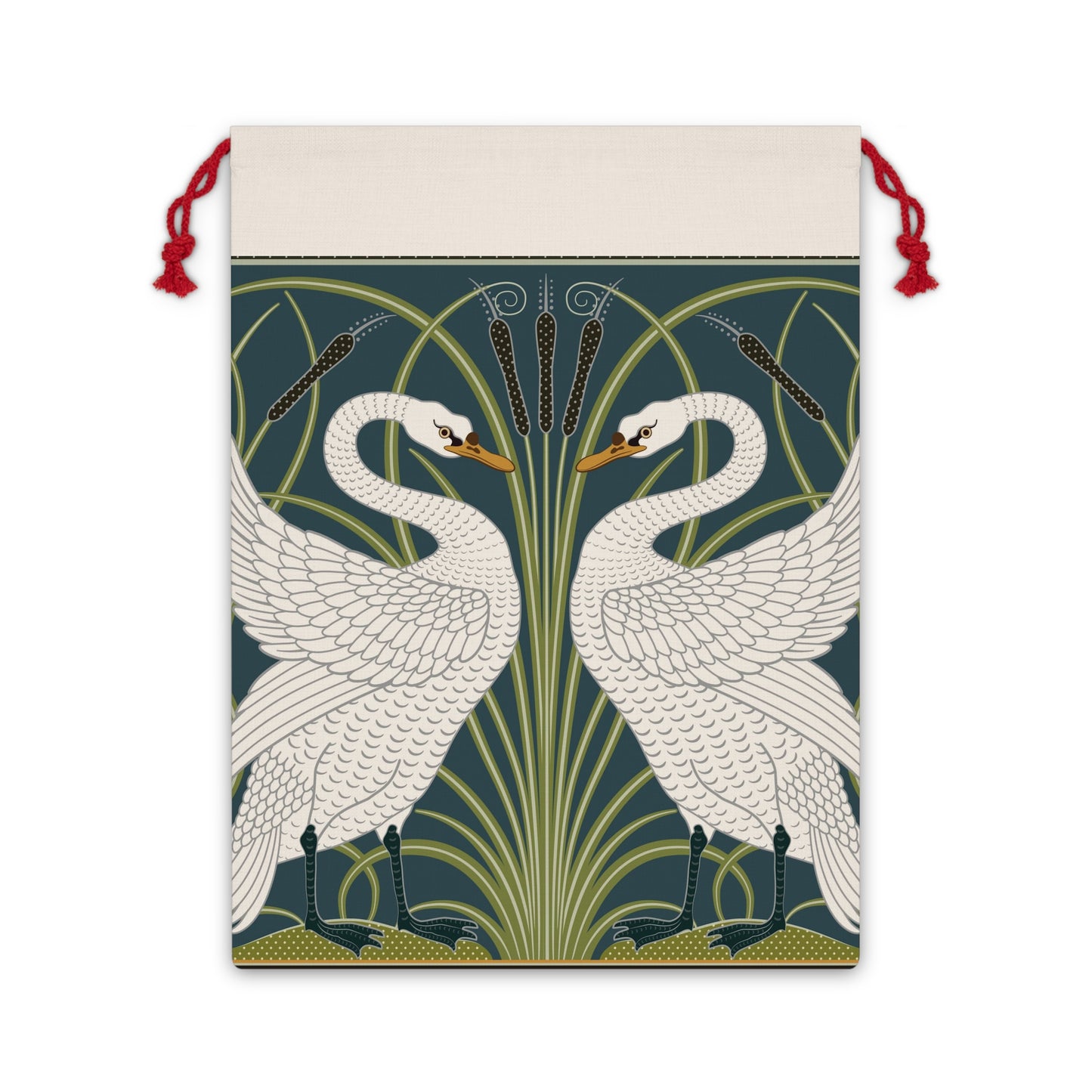 A Christmas-themed linen drawstring bag with a vintage William Morris & Co design featuring white swans on a green and blue background, finished with red drawstrings.