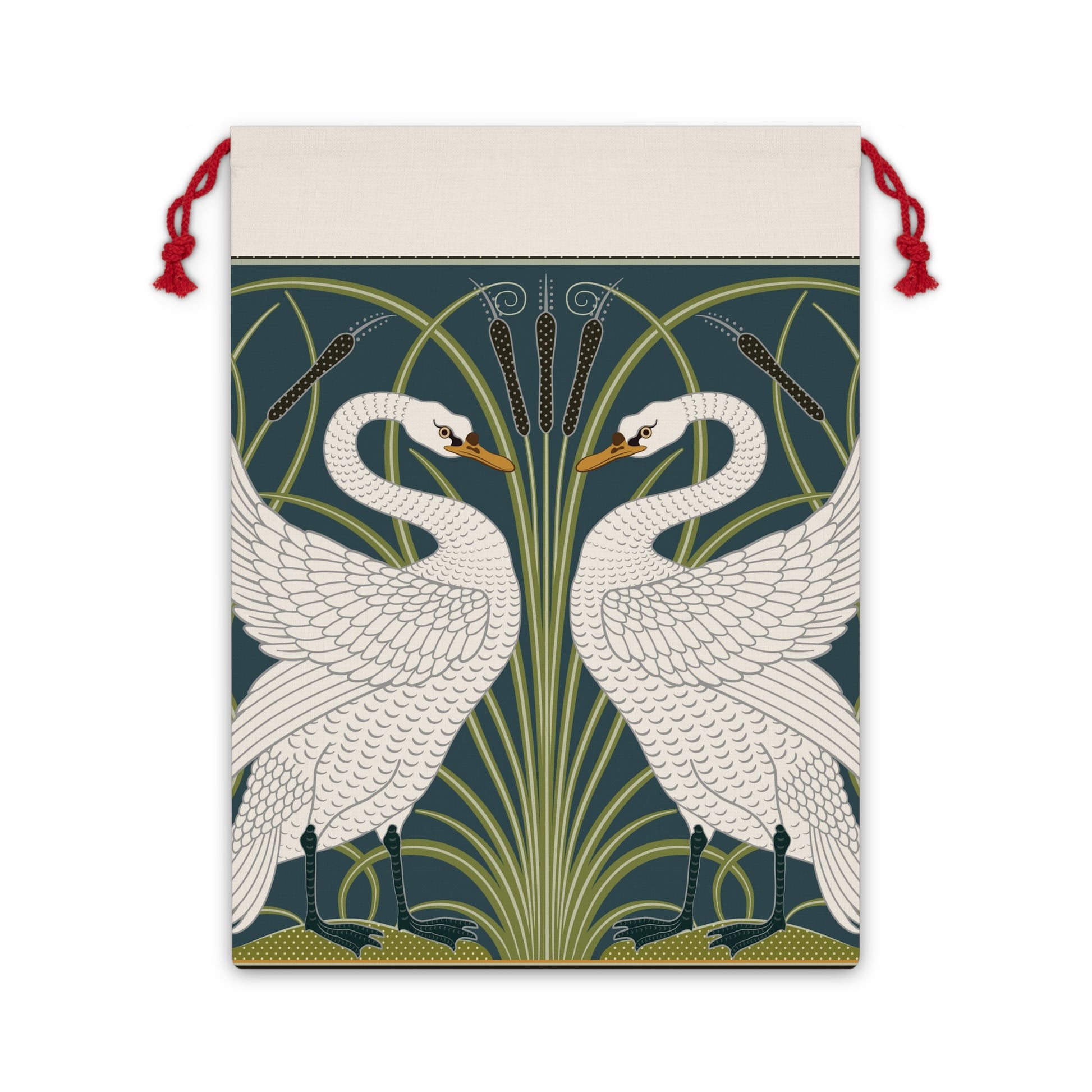 A Christmas-themed linen drawstring bag with a vintage William Morris & Co design featuring white swans on a green and blue background, finished with red drawstrings.