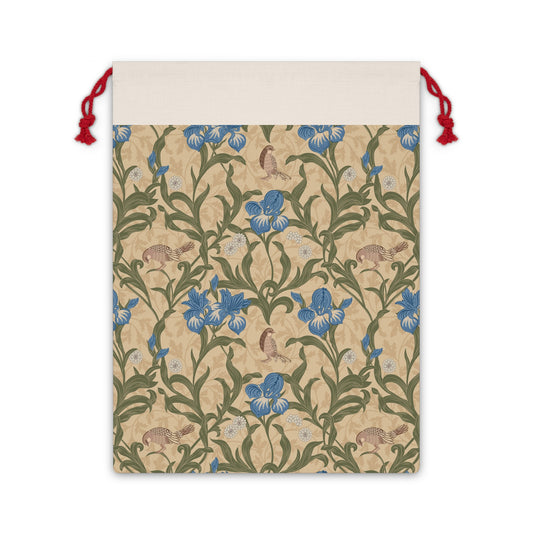 Drawstring bag with floral and animal pattern on beige background