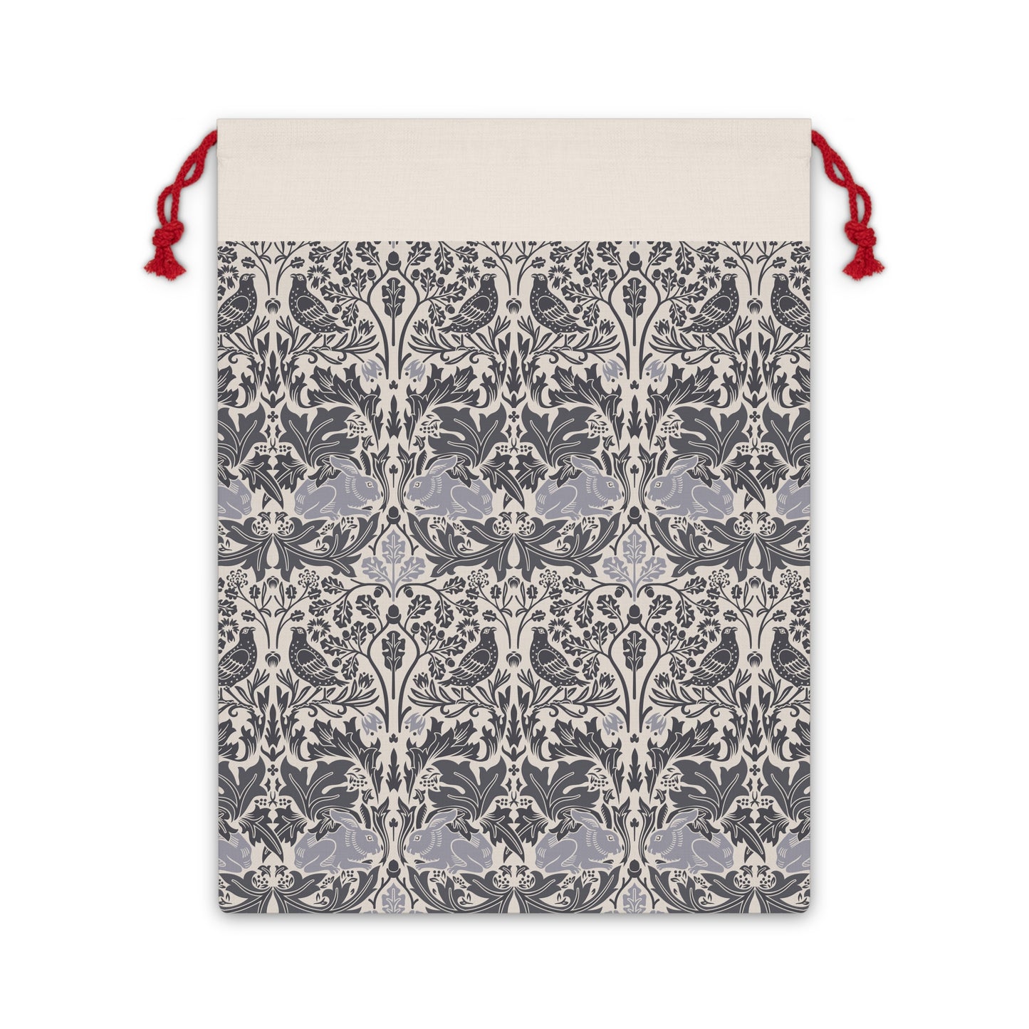 Drawstring bag with a gray and white floral pattern on a beige background