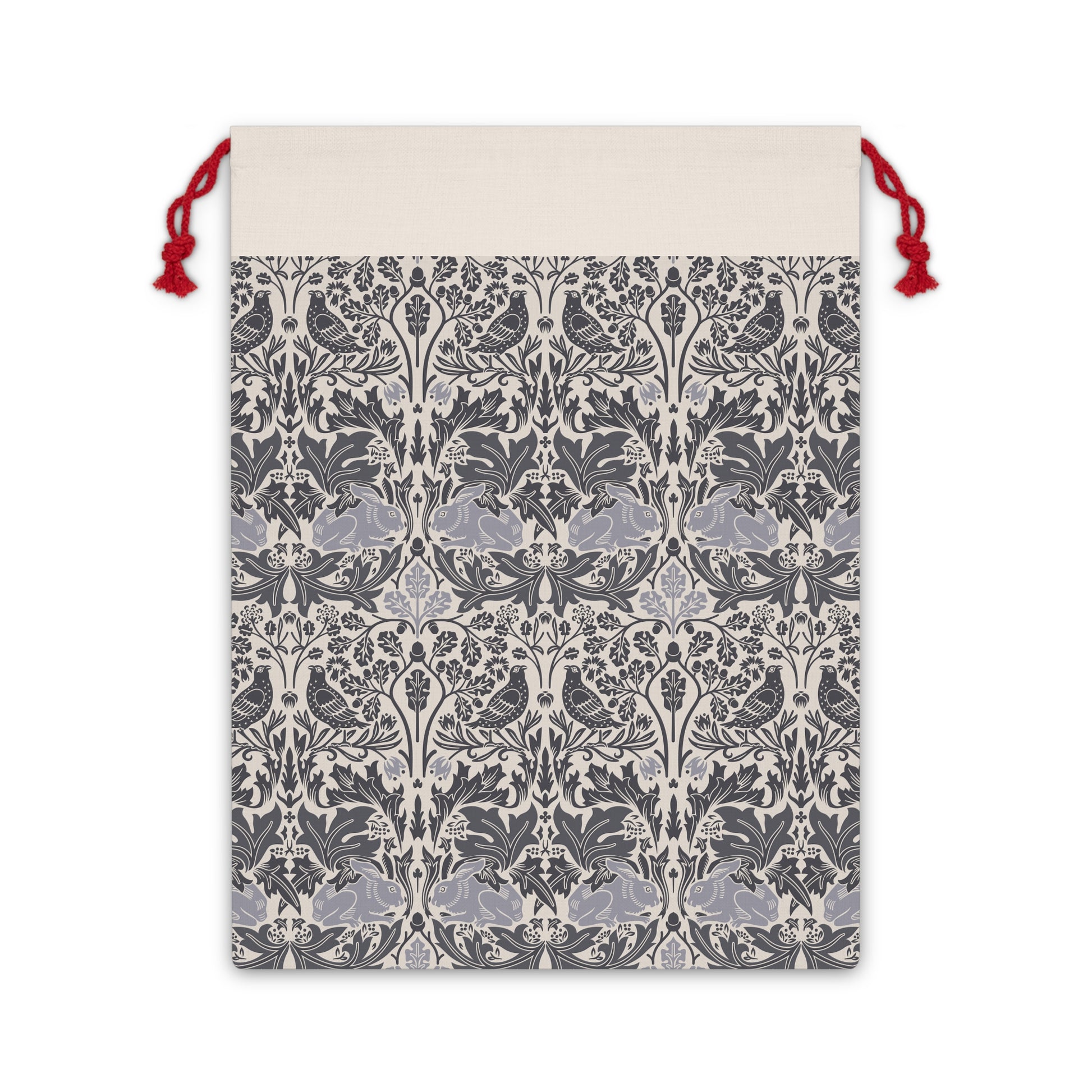 Drawstring bag with a gray and white floral pattern on a beige background