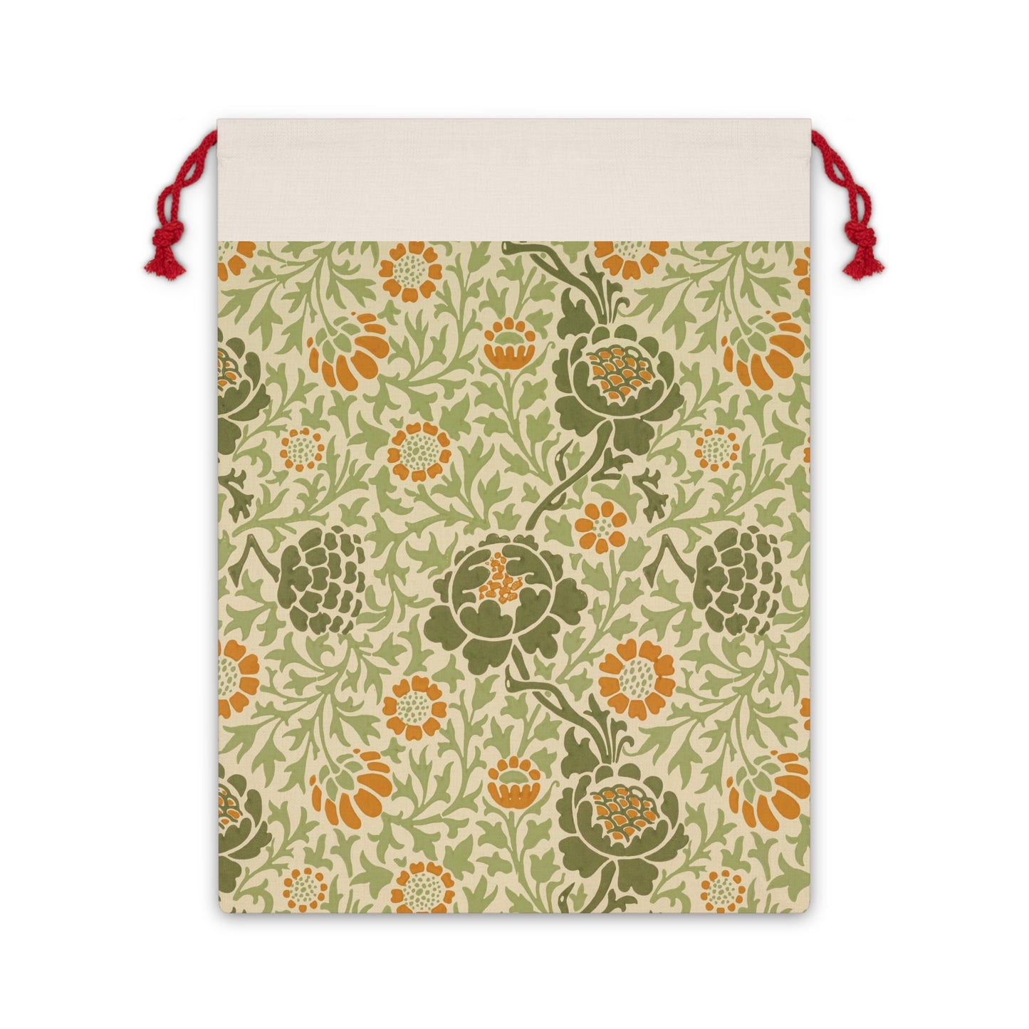 A rectangular Christmas-themed linen drawstring bag with a floral pattern in beige, green, and orange colours, featuring a red drawstring at the top.