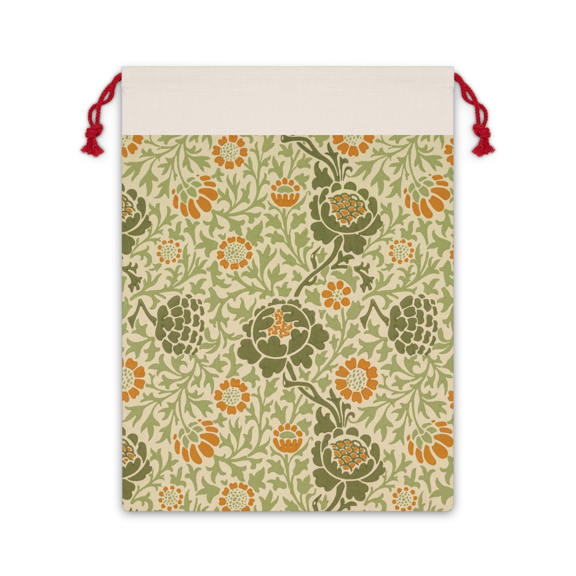 A rectangular Christmas-themed linen drawstring bag with a floral pattern in beige, green, and orange colours, featuring a red drawstring at the top.