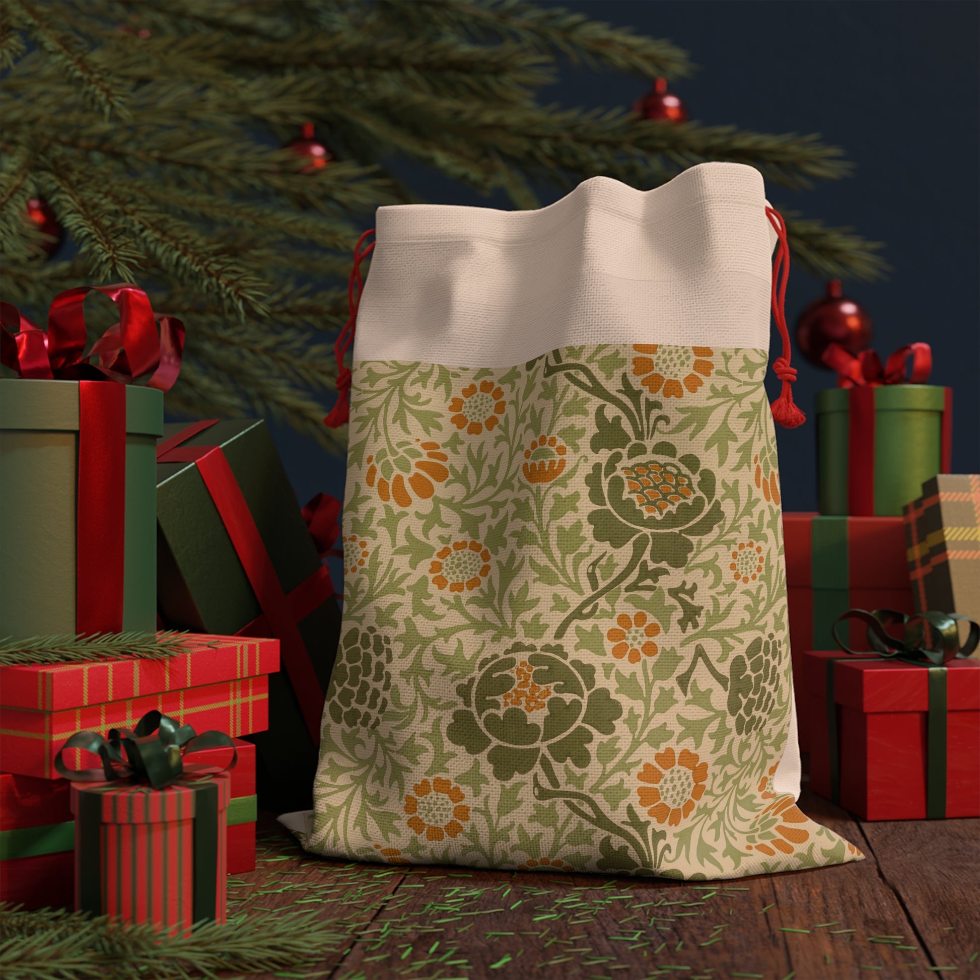 A rectangular Christmas-themed linen drawstring bag with a floral pattern in beige, green, and orange colours, featuring a red drawstring at the top.