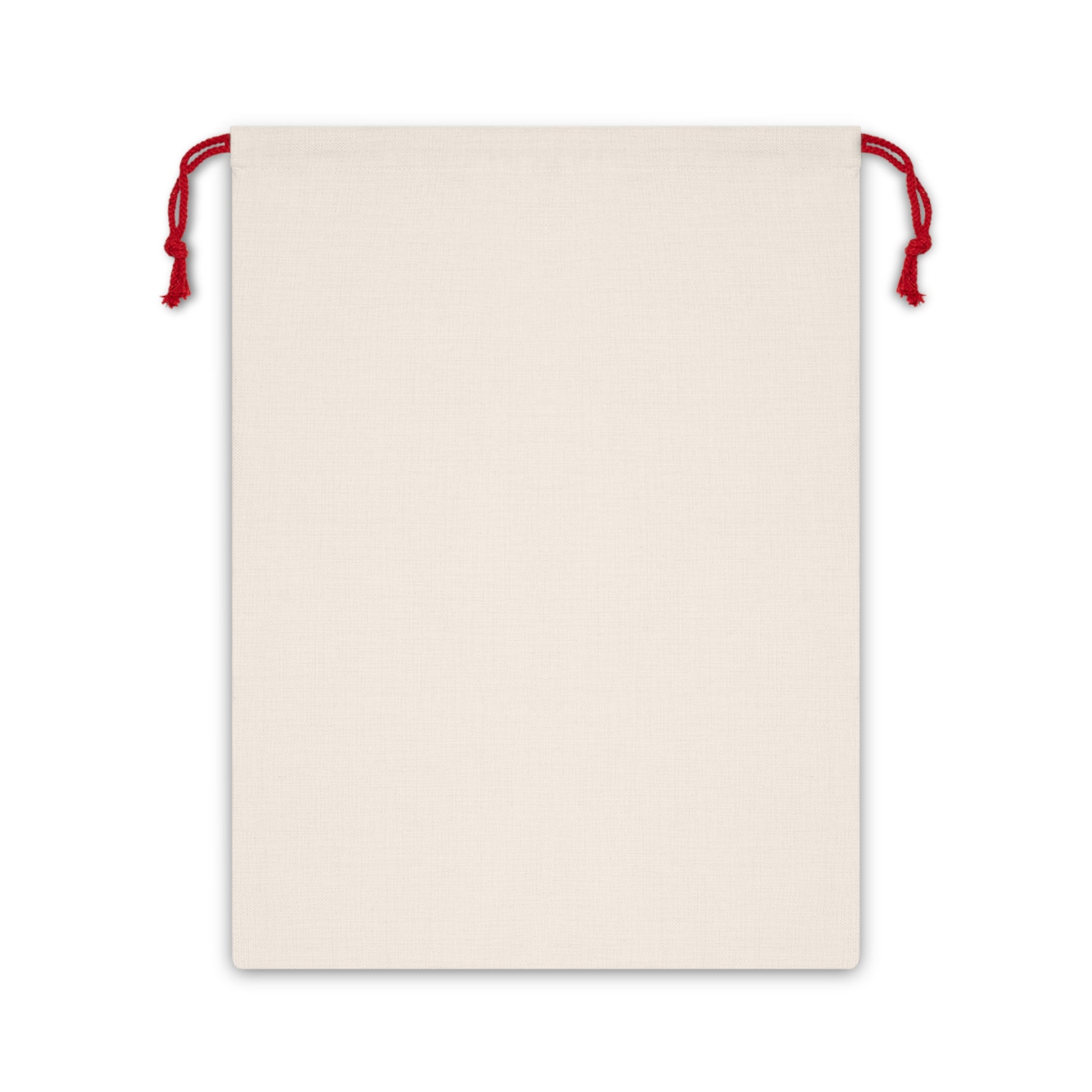 A rectangular Christmas-themed linen drawstring bag with a floral pattern in beige, green, and orange colours, featuring a red drawstring at the top.