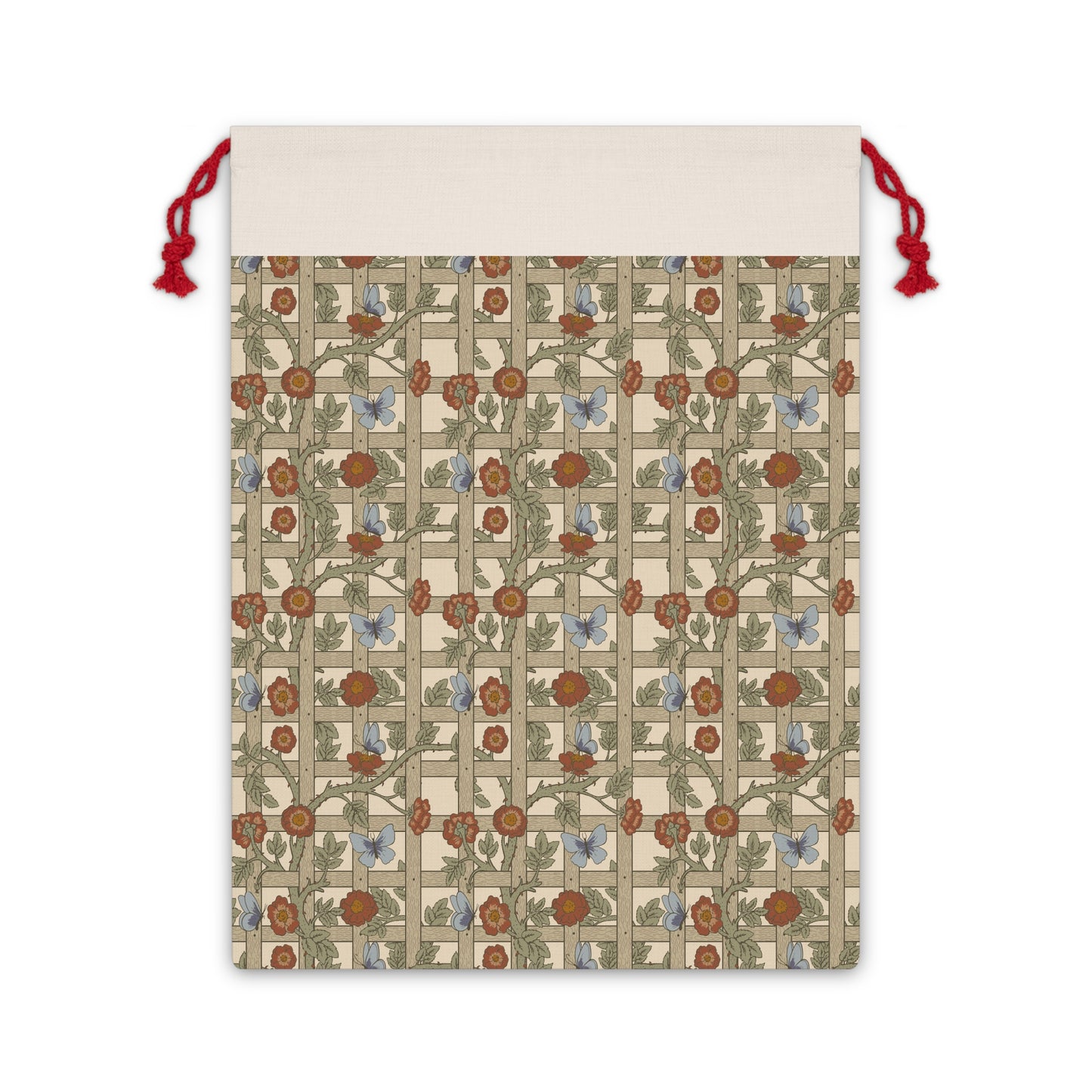 A rectangular Christmas Santa Sack with a floral trellis pattern in beige, red, and green colours, featuring a polyester drawstring.