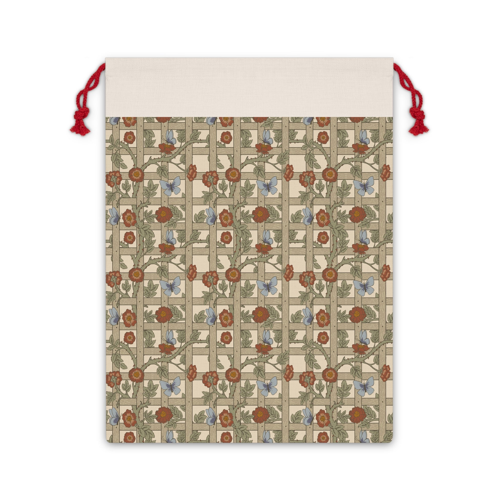 A rectangular Christmas Santa Sack with a floral trellis pattern in beige, red, and green colours, featuring a polyester drawstring.