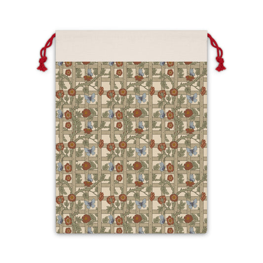 A rectangular Christmas Santa Sack with a floral trellis pattern in beige, red, and green colours, featuring a polyester drawstring.