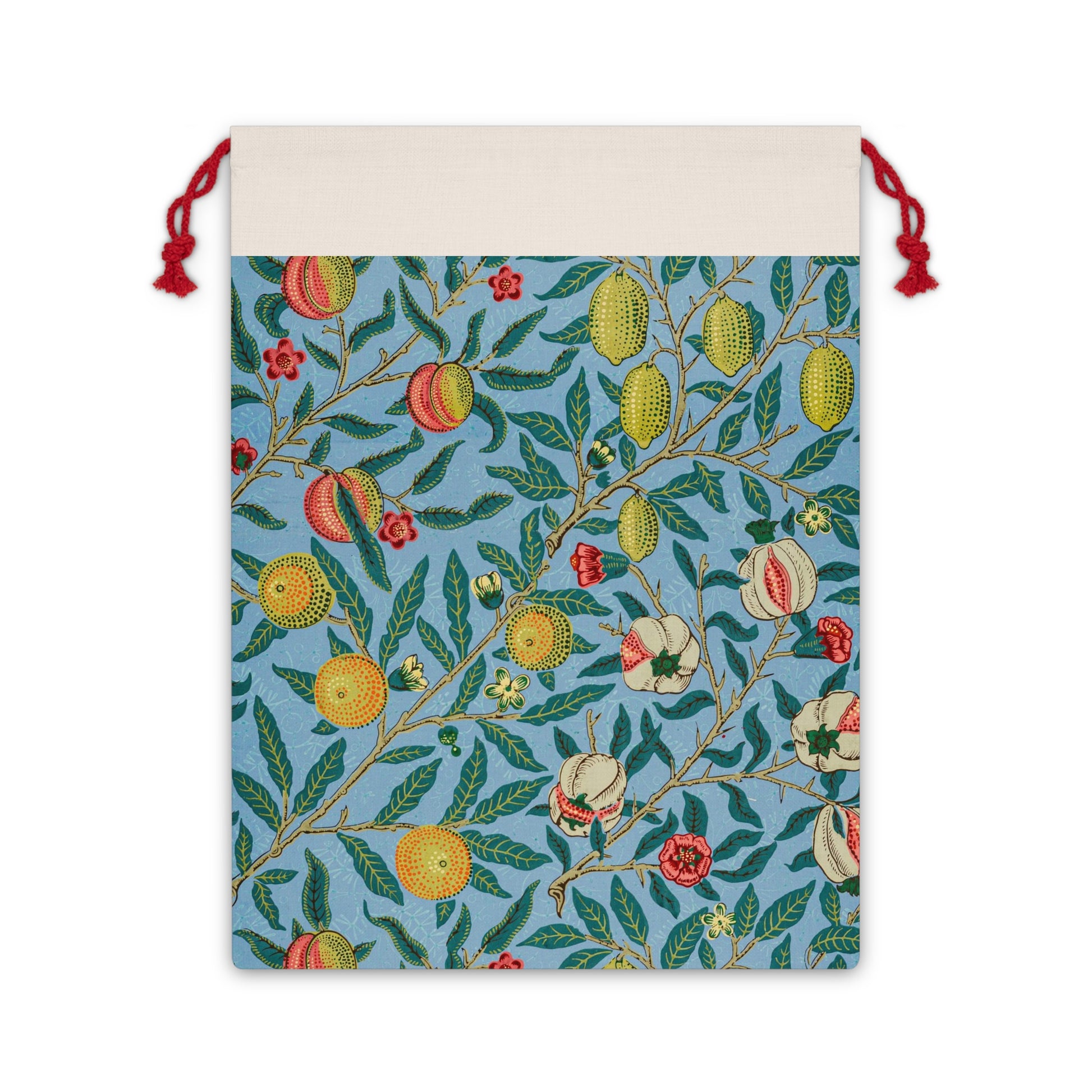 A Christmas Santa Sack with a blue background featuring a floral and fruit pattern, inspired by William Morris, with red drawstrings.