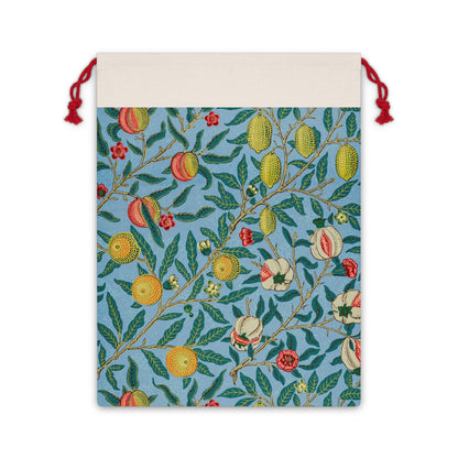 A Christmas Santa Sack with a blue background featuring a floral and fruit pattern, inspired by William Morris, with red drawstrings.