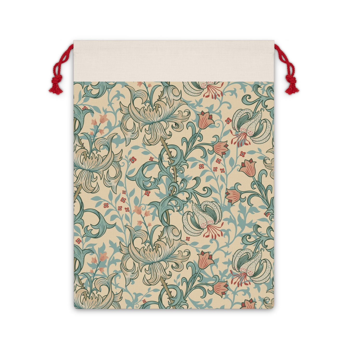 A beige and colourful William Morris & Co floral-patterned Christmas Santa sack with a red drawstring.