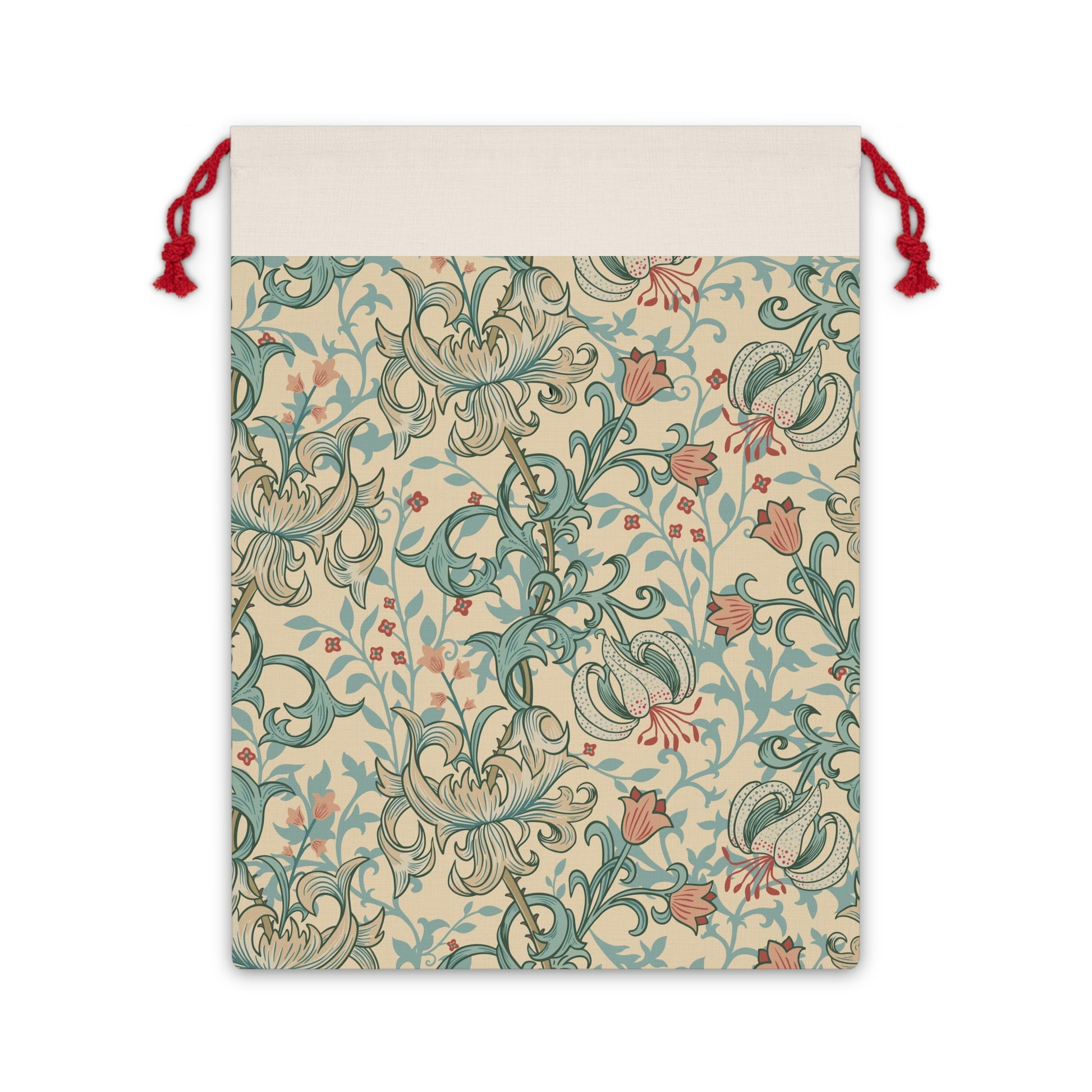 A beige and colourful William Morris & Co floral-patterned Christmas Santa sack with a red drawstring.