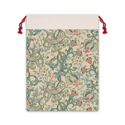 A beige and colourful William Morris & Co floral-patterned Christmas Santa sack with a red drawstring.