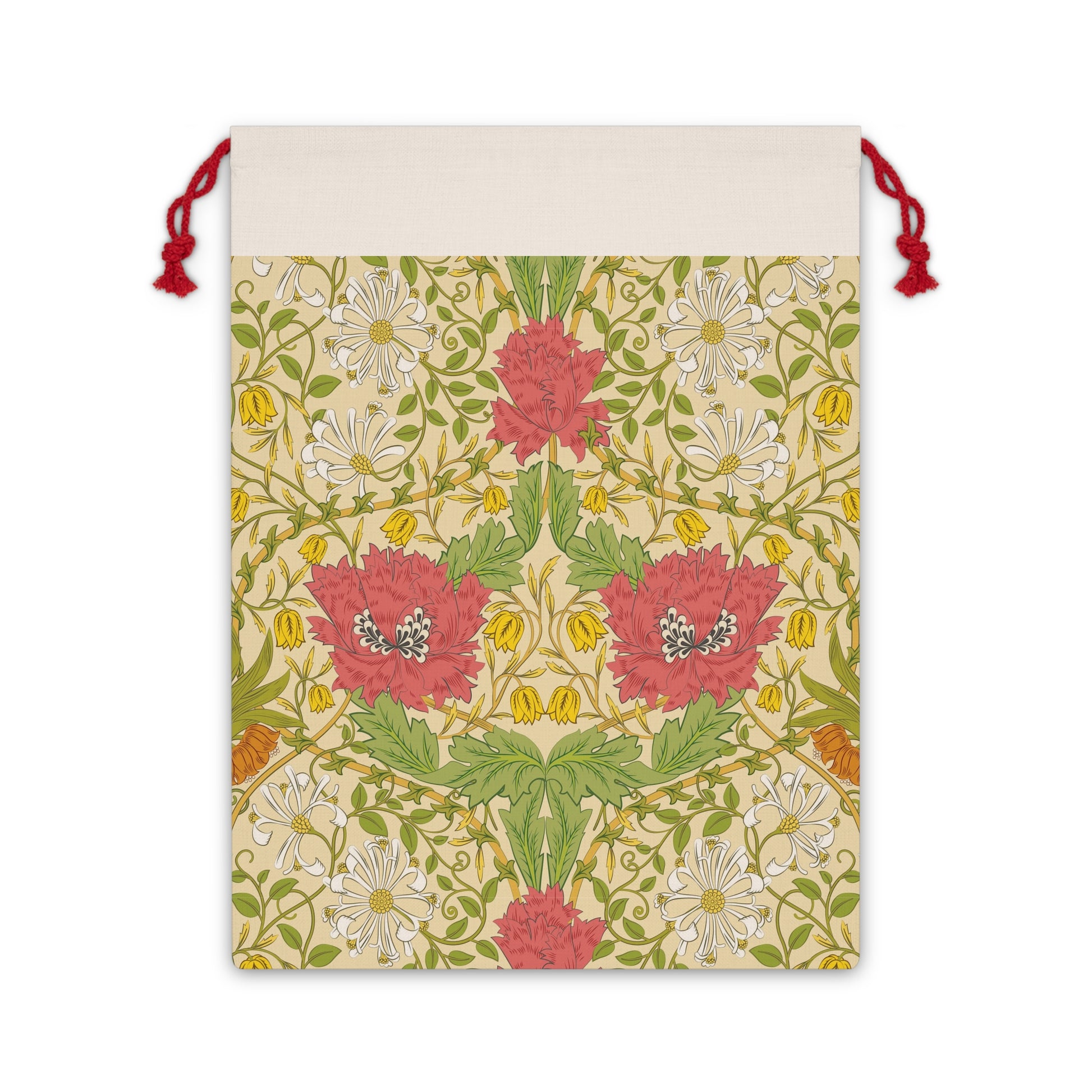 A beige Christmas Santa sack with a floral pattern inspired by William Morris - Honeysuckle Collection.