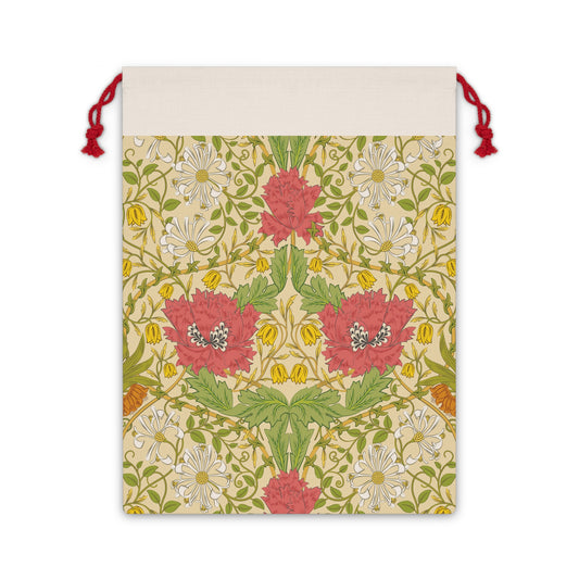 A beige Christmas Santa sack with a floral pattern inspired by William Morris - Honeysuckle Collection.