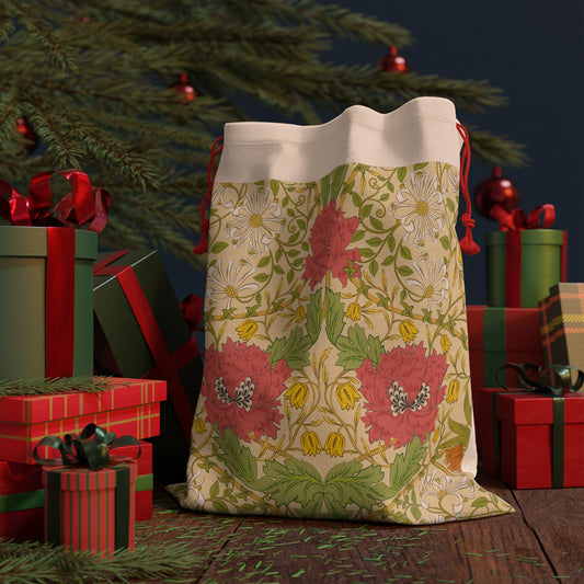 A beige Christmas Santa sack with a floral pattern inspired by William Morris - Honeysuckle Collection.