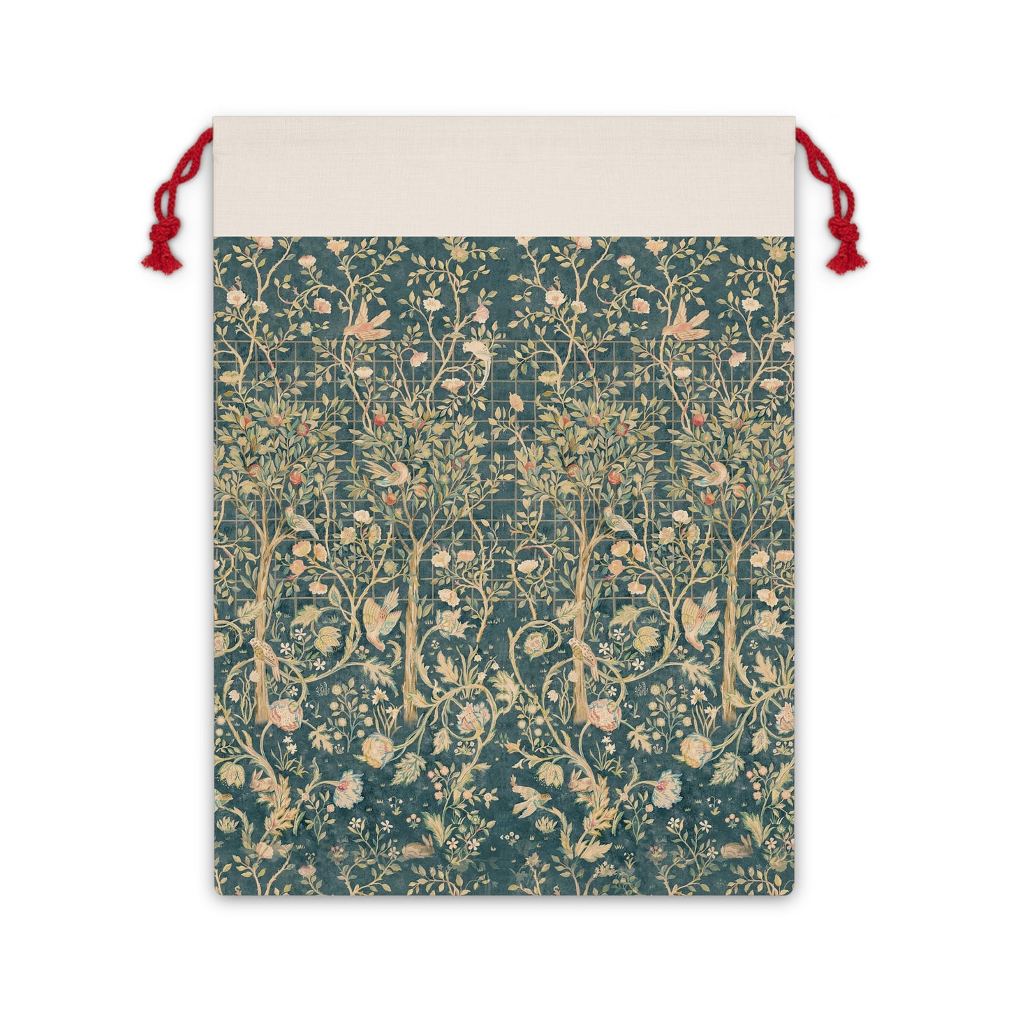 A Christmas Santa sack with a floral William Morris & Co pattern in green, beige, and gold colours, featuring a white drawstring and red ties.